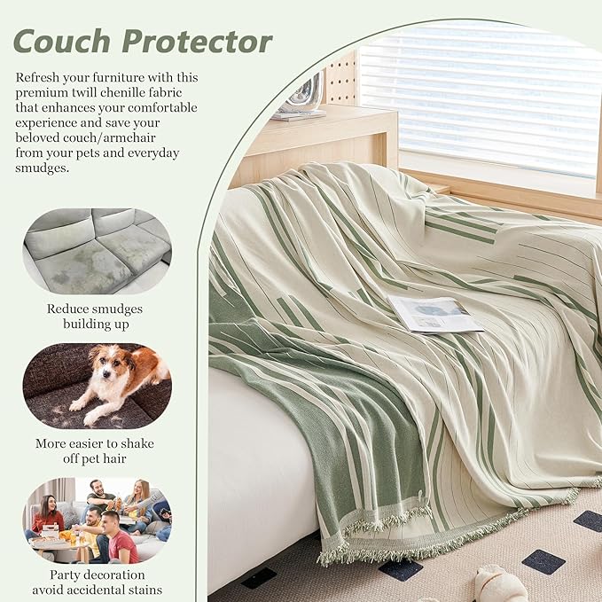 DREAMINGO Armchair Cover Washable Chenille Sofa Protector for Pet Kids Beige Green Chair Couch Covers for 1 Cushion Couch Stripe Jacquard Versatile Sofa Throw Slipcover for Futon Couch, 71"x91"