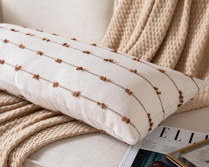 Caflife Boho Lumbar Throw Pillow Covers 14x36 inches Long, Farmhouse Decorative Body Pillow for Bed and Sofa, Living Room Home Decor Couch Brown Pillowcase, Pack of 1