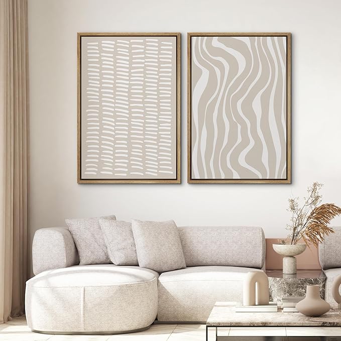 SIGNWIN Framed Canvas Print Wall Art Set Tan White Geometric Stripe Collage Abstract Shapes Cozy Neutral Modern Art Minimal Boho Relax/Calm for Living Room, Bedroom, Office - 16"x24"x2 Natural