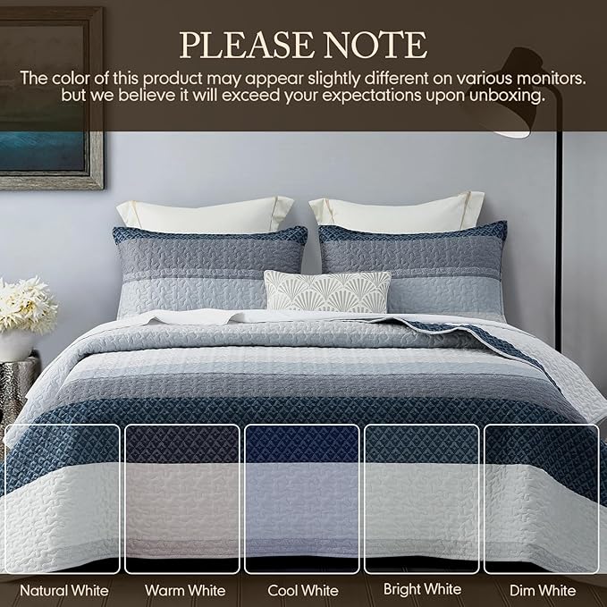 DURLENGEN Striped Quilt Set California King Size 3Pcs, Blue & Navy Striped Patchwork Pattern All Season Lightweight Bedspread Coverlet Sets(Cal King 112x104, Blue Patchwork)