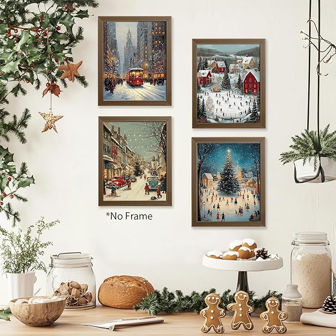 AEHIE Vintage Christmas Ice Skating Winter Village Wall Art Poster Prints for Home Living Room, Xmas Winter Snow Scene Street Poster Prints, Vintage Christmas Holidaye Wall Art Unframed 4pcs 8x10inch