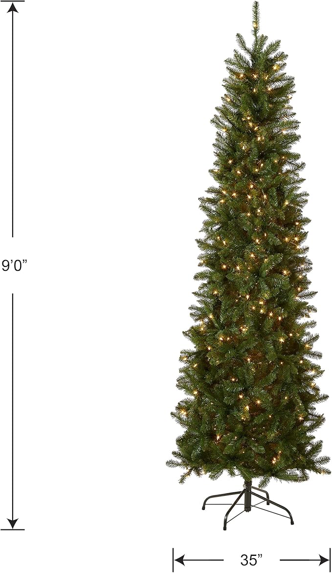 National Tree Company 9 ft Pre-Lit Kingswood Fir Slim Artificial Christmas Tree, 500 Clear Lights, 1,443 Tips, Includes Stand, Green
