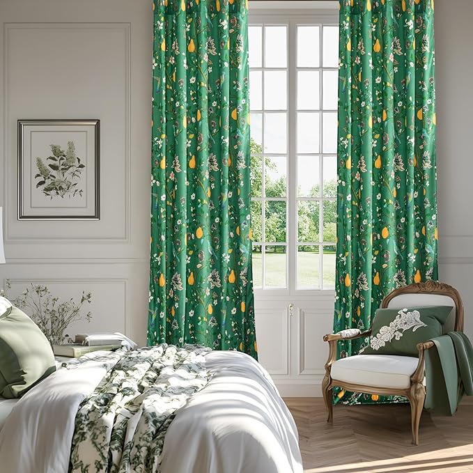 Vintage Velvet Curtains 96 inches for Living Room,Dark Green Victorian Whimsical Botanical Floral Blackout Room Darkening Curtain Drapes,2 Panels Mid Century Anthropologie Bedroom Window Curtains