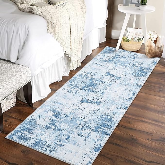 2x6 Modern Abstract Runner Rug Non Slip Soft Stain Resistant Low Pile Machine Washabl Non Shed Rug for Hallway Kitchen Bathroom, Blue