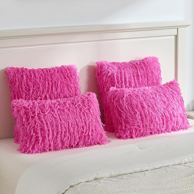 FUTEI Hot Pink Decorative Throw Pillow Covers 16x16 Inch Set of 2,Soft Fluffy Faux Feather Texture Cushion Cases,Modern Home Luxury Decor for Couch Bed Living Room