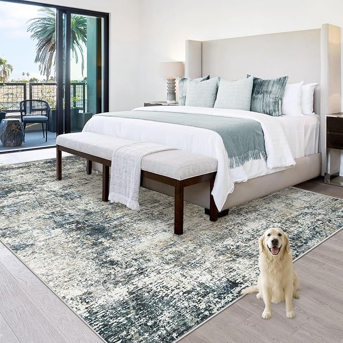 6x9 Washable Area Rug for Living Room: Modern Abstract Rugs Soft Non-Slip Low-Pile Indoor Floor Carpet for Bedroom, Dining Room, Nursery (BlueGreyBrown, 6'x9')