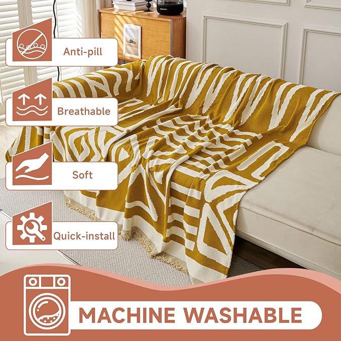 VClife Armchair Couch Cover, 1 Piece Boho Tribal Mustard Yellow and White Geometric Jacquard Sofa Cover for 1 Cushion Couch Sofa, Soft Washable Chenille Chair Cover Slipcover for Living Room 71"X90"
