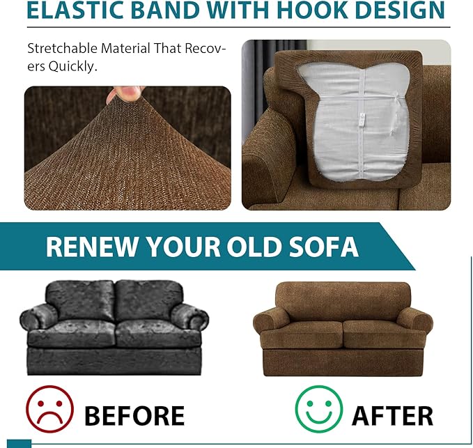 T Cushion Loveseat Slipcover 3 Pieces Sofa Covers for T Cushion Sofa Stretch Slip Covers for 2 Cushion Couch with 2 Individual T Shape Seat Covers (Chocolate, 2 Cushion)
