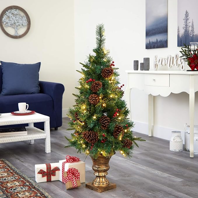Nearly Natural 4ft. Pine, Pinecone and Berries Artificial Christmas Tree in Decorative Urn
