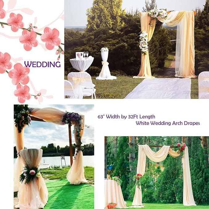 Wedding Arch Draping Fabric,63" x 32Ft Wedding Arch Drapes Champagne Tulle Fabric Drapery Sheer Backdrop Curtains for Wedding Ceremony Arch Stage Party Ceiling Decorations