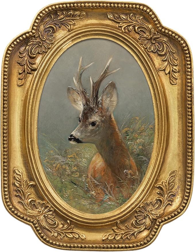 FOLKOR Vintage Wall Art Decor with Gold Picture Frame, Adorable Animal Canvas Prints for Desk Wall Floating Shelf Decoration, Retro Paintings with Gold Frame for Farmhouse Mid-century Room, 4x6