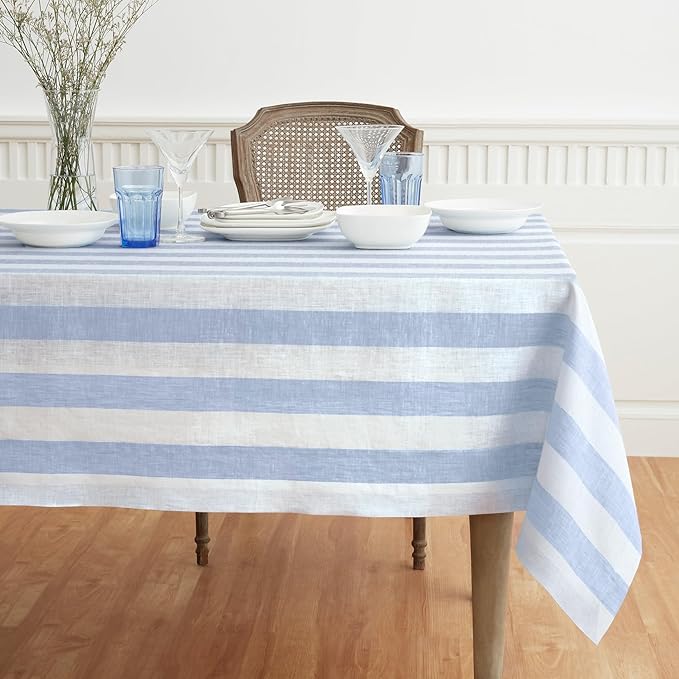 Solino Home Linen Square Tablecloth 52 x 52 Inch - Cabana Stripe, 100% Pure Linen Sky Blue and White Table Throw - Machine Washable Tablecloth for Christmas