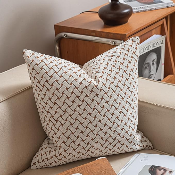 2025 New 22x22'' inches Throw Pillow Cushion Covers - Woven Grid Orange Color Chenille Jacquard Embroidery Luxury Modern Style Couch Sofa Bed Pillow Cover for Living Room Bedroom