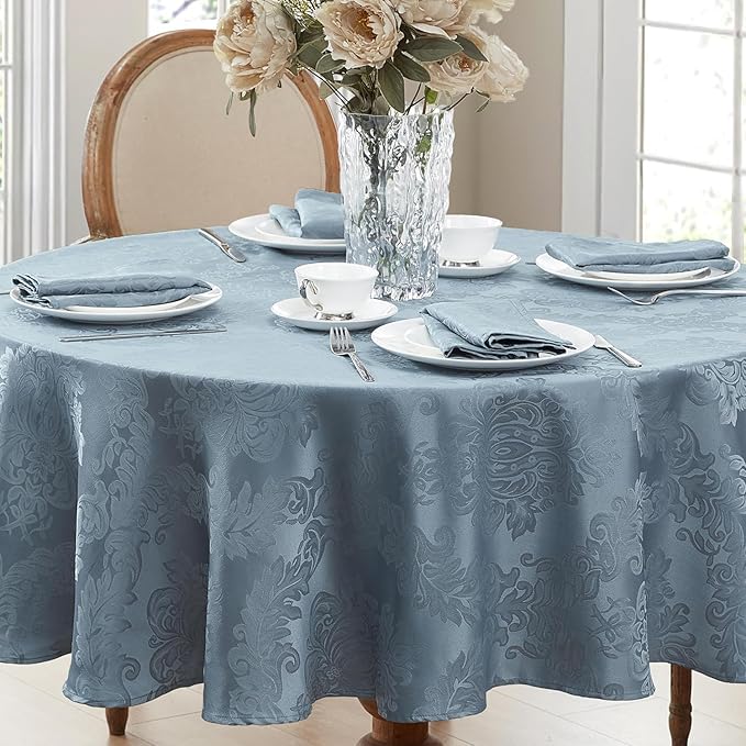 Newbridge Barcelona Damask Fabric Tablecloth, 90 Inch Round, Blue – No Iron, Soil Resistant Table Cover for Dining, Parties and Holidays