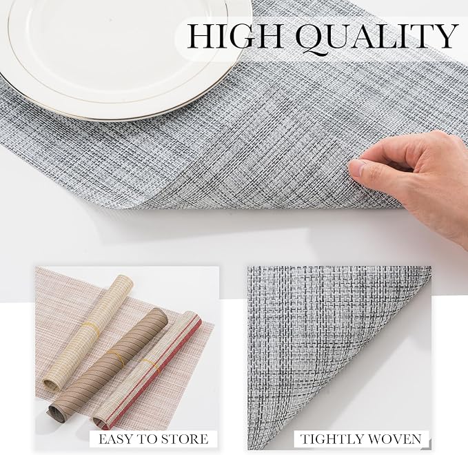 BACKTOEDEN Placemats Set of 12 Heat Resistant Washable Wipeable Placemat Woven Non-Slip Foldable Vinyl/Plastic Place Mats Indoor/Outdoor Mat Kitchen Dining Table Pad, Gray