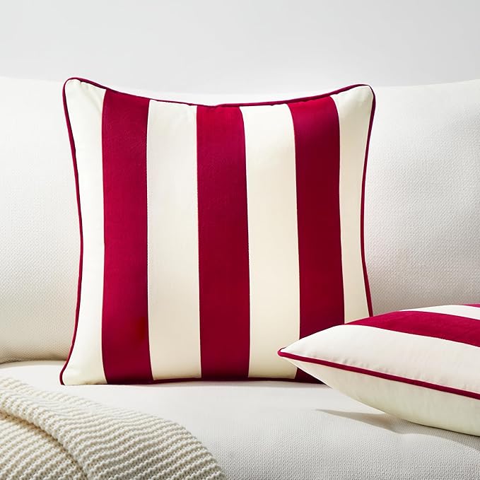 MONDAY MOOSE Christmas Decorative Throw Pillow Covers Cushion Cases, Set of 2 Soft Velvet Striped Piping Edge Designs, Pillow Inserts Not Included (Red/White, 18x18 inch)