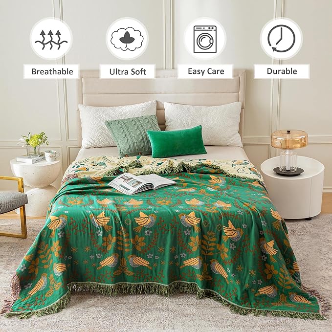 Boho Throw Blanket for Bed 100% Cotton Ultra Soft Rustic Quilt Fall Blanket Bird Floral Printed Farmhouse Decor Bed Blankets,90"×98" All Season Rustic Throw for Sofa Couch Chair
