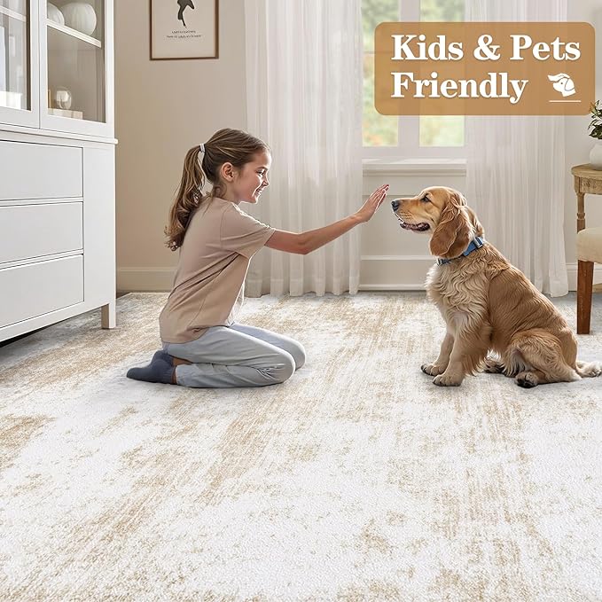 9x12 Area Rugs for Living Room: Washable Modern Abstract Rug Large Soft Non Slip Living Room Rug Indoor Low Pile Carpet for Bedroom Dining Room Home - Beige