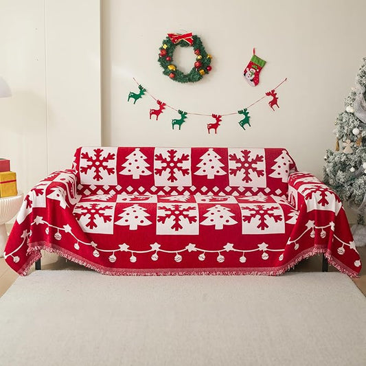 MEETSKY Christmas Couch Cover for Sectional Sofa, Chenille Red Sofa Covers Washable for Pet Friendly Snowflake Christmas Tree Decorative Couch Covers, 71" x 134"