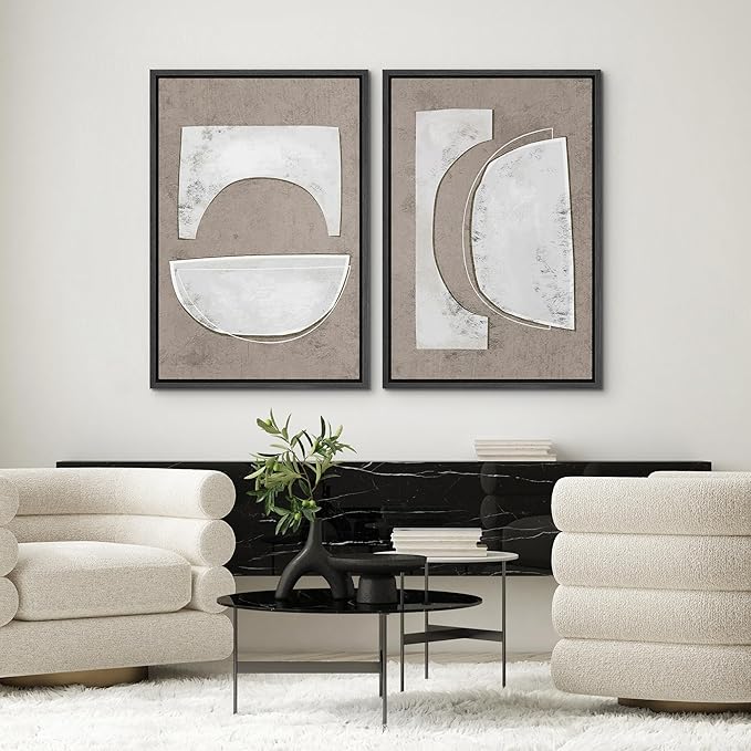 SIGNWIN Framed Canvas Print Wall Art Set Art Deco Grunge White Polygons Abstract Shapes Cozy Neutral Minimal Decorative Nordic Zen Bohemian for Living Room, Bedroom, Office - 24"x36"x2 Black