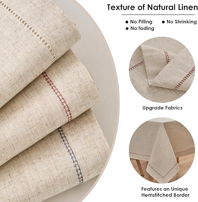 Zdolmy Christmas Natural Flax Linen Tablecloth – Undyed Square Hemstitch Table Cover for Kitchen, Dining & Decoration (Christmas Red, 55" x 55")
