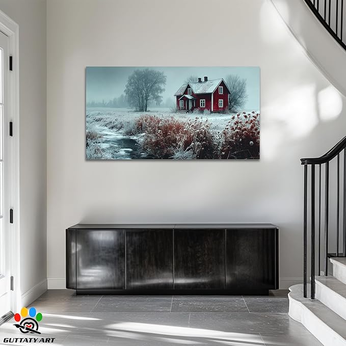 GUTTATY Winter Christmas Canvas Wall Art, Frosty Landscape Canvas Prints, Red Cottage and Nature Wall Hanging Artwork, Rustic Snowy Scene Picture Decor for Living Room, Bedroom, 60x30 Inch