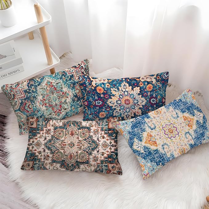 Boho Throw Pillow Covers 12x20 inch Set of 2,Boho Vintage Carpet Pattern Antique Ethnic Decor Double Sided Pattern Cushion Cover Soft Pillow Case Living Sofa Room Bed Square Pillow Cover