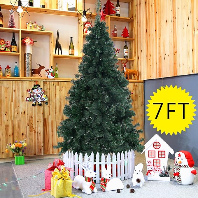 GOFLAME 7FT PVC Artificial Green Christmas Tree Home Holiday Décor with Metal Stand 950 Branches Holiday Indoor Decoration, Easy to Assemble