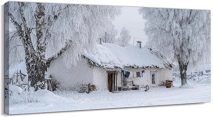 GUTTATY Christmas Winter Scene Canvas Pictures, Snowy Village Wall Decor, White Frost Landscape Canvas Artwork, Rustic Cabin Wall Painting for Living Room, Bedroom, Holiday Decoration, 40x20 Inch