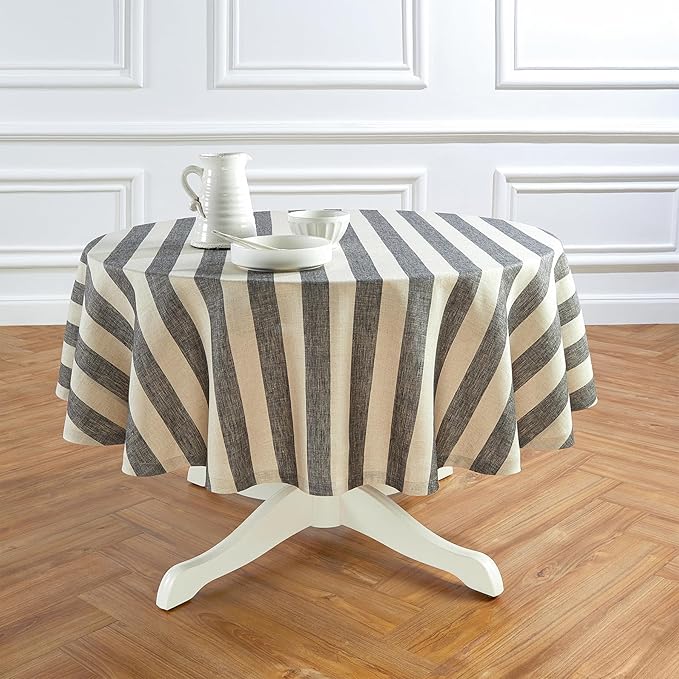 Solino Home Linen Round Tablecloth 70 Inch - Cabana Stripe, 100% Pure Linen Black and Natural Round Tablecloth - Machine Washable Table Cloth for Fall, Autumn, Thanksgiving