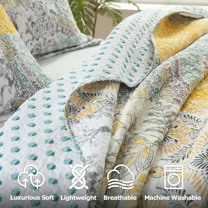 DURLENGEN Botanical Yellow 100% Cotton King Quilt 3Pcs,Bohemian Patchwork Leaves Pattern on White, Luxury Lightweight Coverlet Sets for All Season(King 106x96,Botanical Yellow)
