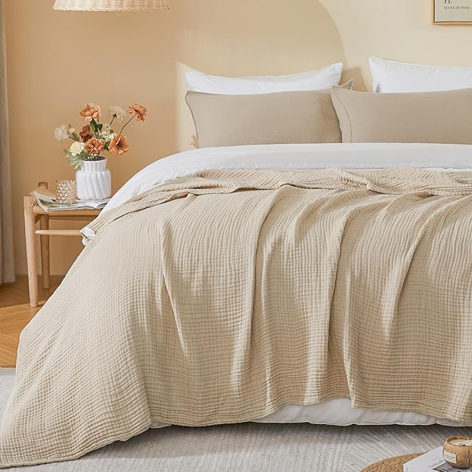 EMME Cotton Muslin Twin Blanket Breathable Gauze Soft Lightweight Blankets Adults Gifts for Women (Beige, 60"x80")