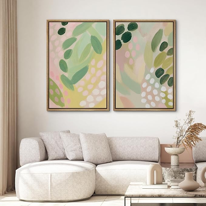 SIGNWIN Framed Canvas Print Wall Art Set Pastel Garden Rhythm Abstract Green and Pink Brushstroke Botanical Zen Bohemian for Living Room, Bedroom, Office - 24"x36"x2 NATURAL