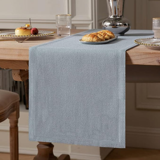 ZeeMart Burlap Style Farmhouse Table Runners 90 Inches Long, Dusty Blue Rustic Woven Dining Table Runner for Everyday Use, 14x90 Inches, Light Dusty Blue