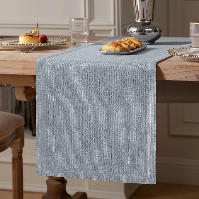 ZeeMart Burlap Style Farmhouse Table Runners 48 Inches Long, Dusty Blue Rustic Woven Dining Table Runner for Everyday Use, 14x48 Inches, Light Dusty Blue