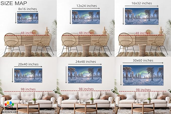 GUTTATY Christmas Winter Canvas Wall Art, Northern Lights Winter Scene Canvas Prints, Snowy Forest Landscape Poster Picture, Holiday Artwork for Living Room, Bedroom, Office, 32x16 Inch