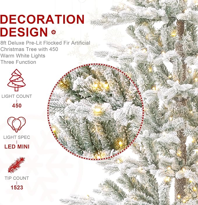 Glitzhome Christmas Tree with Lights, 8ft Deluxe Flocked Artificial Prelit Christmas TRE with 1523 PE&PVC Branch Tips, Majestic Frostfall Fir Hinged Xmas Tree w/450 Warm White Lights, Easy Assembly