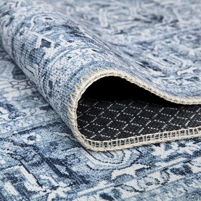 Bloom Rugs Washable Non-Slip 12 ft Runner - Ivory/Denim Blue Traditional Medallion Runner for Entryway, Hallway, Bathroom, and Kitchen - Exact Size: 2.5' x 12'