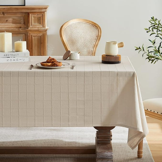 ZeeMart Linen Checked Table Cloth, Farmhouse Style Plaid Embroidered Neutral Tablecloth, Water Resistant Square Table Cloth, Beige 60x60 Inches