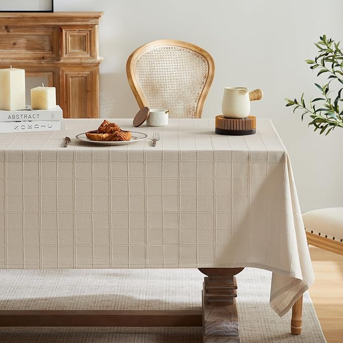 ZeeMart Linen Checked Table Cloth, Farmhouse Style Plaid Embroidered Neutral Tablecloth, Water Resistant Square Table Cloth, Beige 52x52 Inches