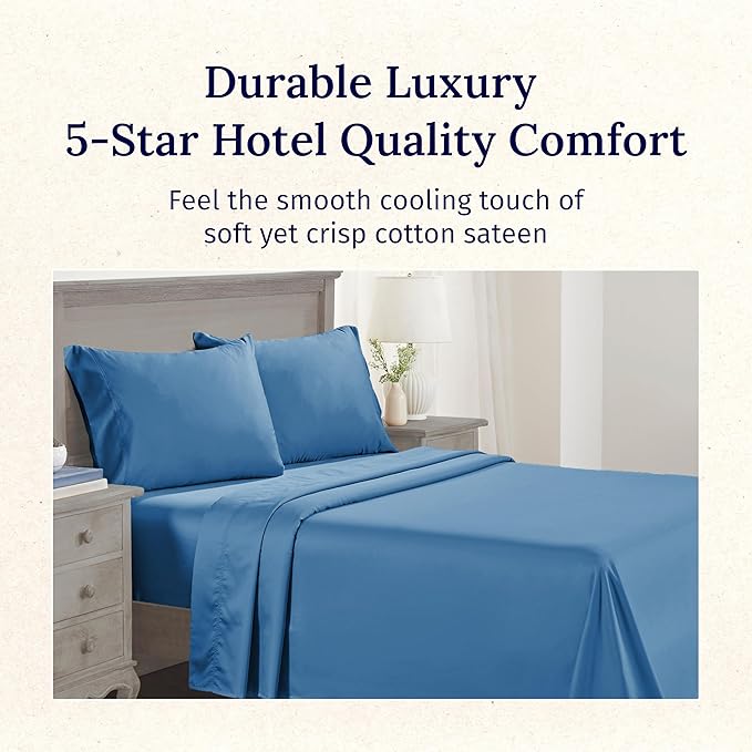 California Design Den Natural 100% Cotton Bed Sheets Queen Size Set - Luxury 600 Thread Count Sateen, Durable Hotel Quality Fully Elasticized Deep Pocket Bedsheets Queen Size Bed - Parisian Blue