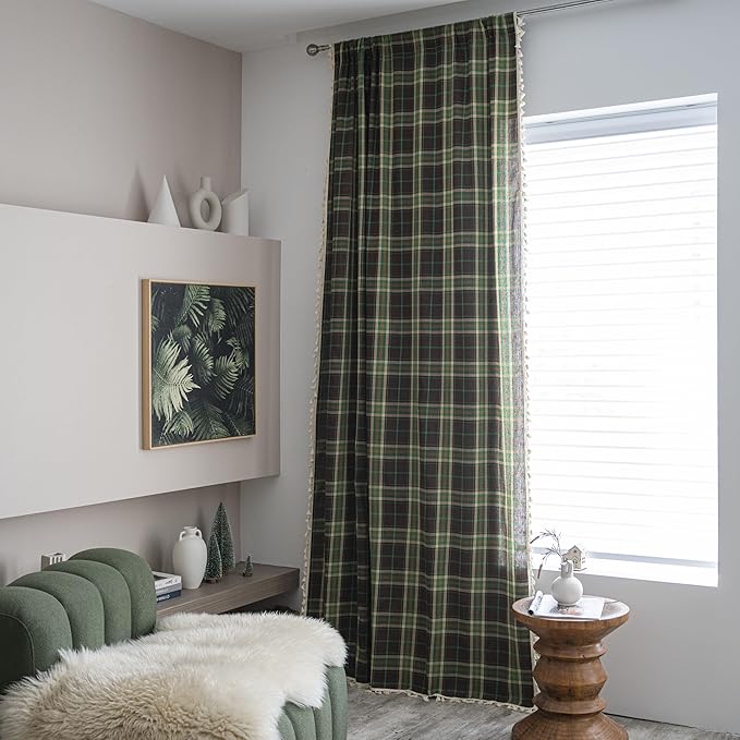 Sutuo Home Boho Curtains for Kitchen Nursery, Christmas Vintage Plaid Curtains Light Filtering rustic Farmhouse Tassels Bohemian Chechered Drape for Xmas Decor 1 Panel 52"W x 63"L, Dark Green Plaids