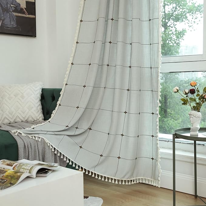 Sutuo Home Boho Curtains for Living Room Bedroom Office,Bohemian Drape Light Filtering Country Linen Vintage Chic Tassels Checkered Window Treatment for Decor 1 Panel 52" W x 96" L, Cream Grey Plaids