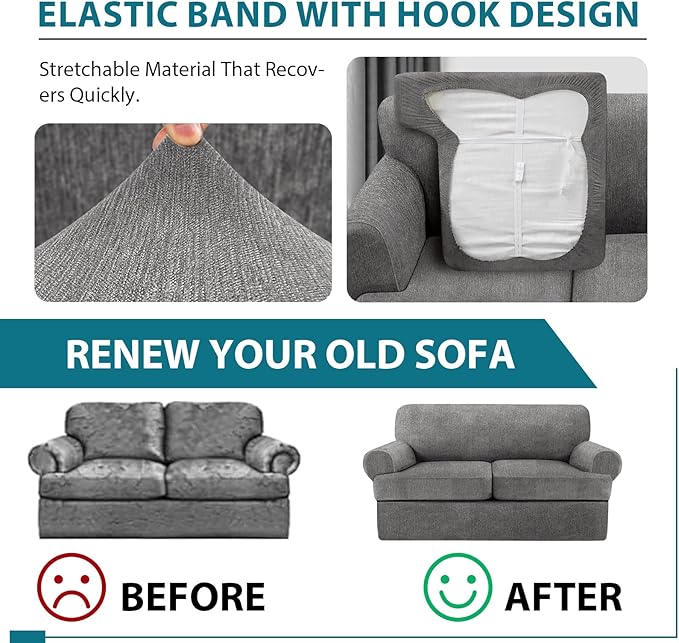 T Cushion Loveseat Slipcover 3 Pieces Sofa Covers for T Cushion Sofa Stretch Slip Covers for 2 Cushion Couch with 2 Individual T Shape Seat Covers (Light Gray, 2 Cushion)