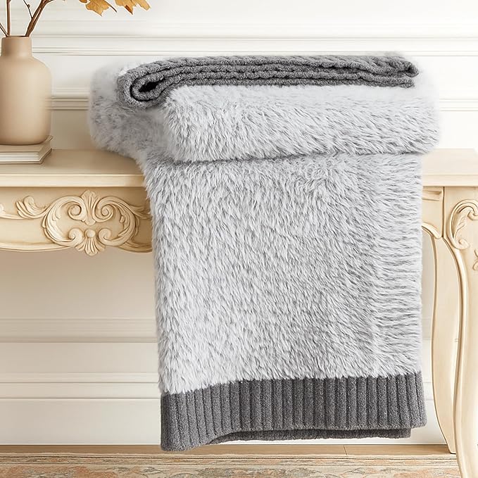 Amélie Home Knit Throw Blanket for Couch, Super Soft Cozy Fuzzy Throws for Sofa Bed Living Room, Luxury Cozy Fluffy Throw for Room Decor, 60" x 80", Heather Grey