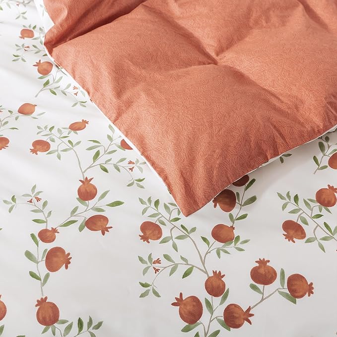 HoneiLife Fruits Duvet Cover Queen - 100% Cotton Comforter Cover 3-PC, Botanical Bedlinen Set with Zipper Closure & Corner Ties, Pomegranate Comforter Cover Sets