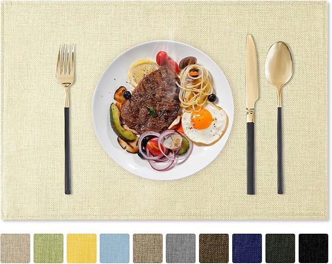 Romanstile Cloth Placemats Set of 6-12 x 18 Inch, Heat Resistant Double Layered Thickened Burlap Place Mats, Washable Linen Farmhouse Table Mats for Kitchen/Dining/Party/Outdoor, Cream
