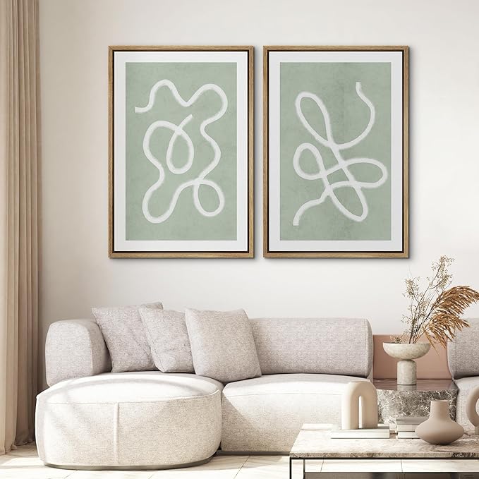 SIGNWIN Framed Wall Art Print Set White Line Over Contrasting Green Background Abstract Swirly Digital Art Modern Art Mid-Century Modern Expressive for Living Room, Bedroom, Office - 24"x36"x2 Panels