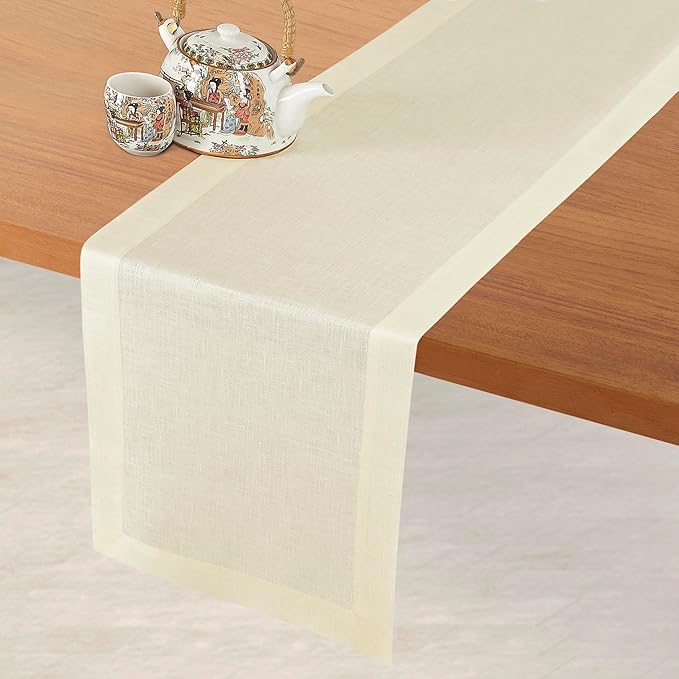 D'Moksha Homes Linen Cream Table Runner 72 Inches Long - 100% Pure Linen 14 x 72 Inch Table Runner for Dining, Fall, Thanksgiving, Christmas, Holiday - Machine Washable