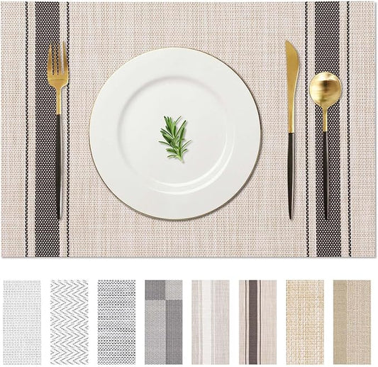 AHHFSMEI Placemats for Dining Table Set of 4 Woven Vinyl Plastic Place Mats Non-Slip Heat Insulation Stain Resistant Table Mats Washable Easy Clean Placemats (Beige Brown Stripe 4)